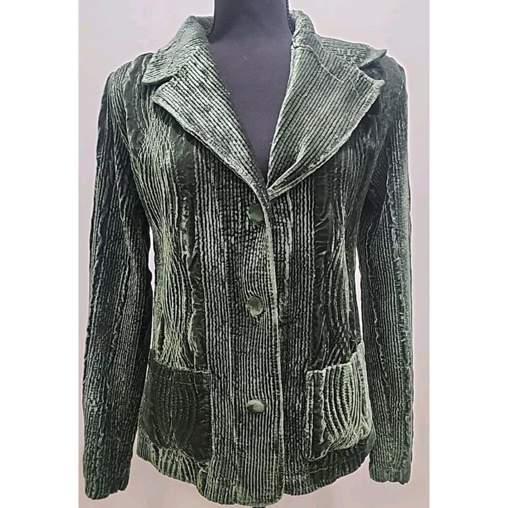 HARVE BENARD Womens Blazer Size 6 S Green Crinkle Velvet Holdiay Artsy Jacket
